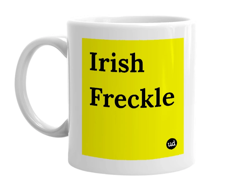 White mug with 'Irish Freckle' in bold black letters