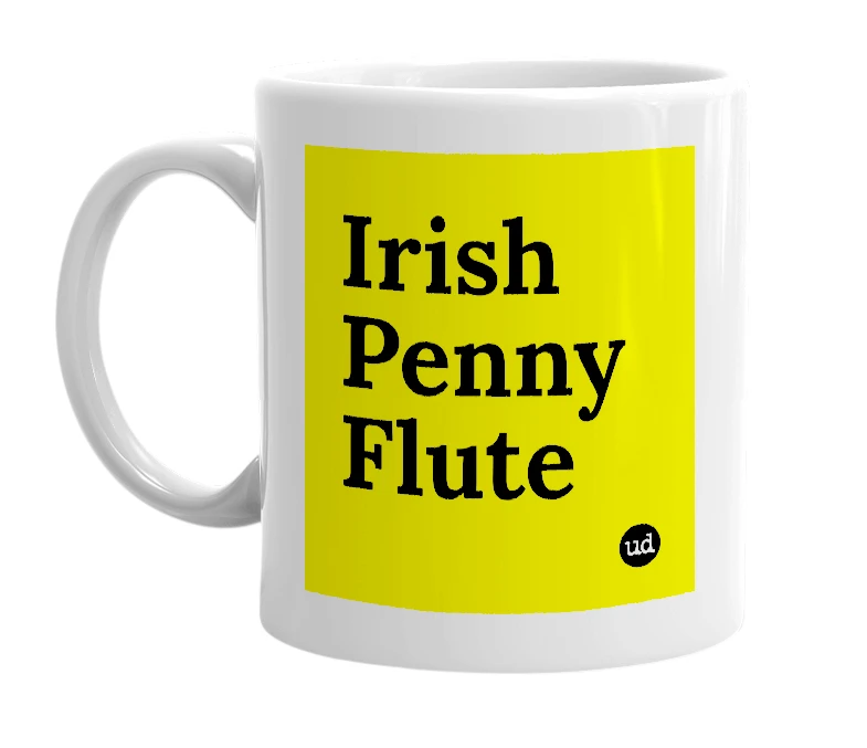 White mug with 'Irish Penny Flute' in bold black letters
