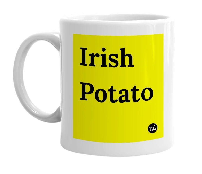 White mug with 'Irish Potato' in bold black letters