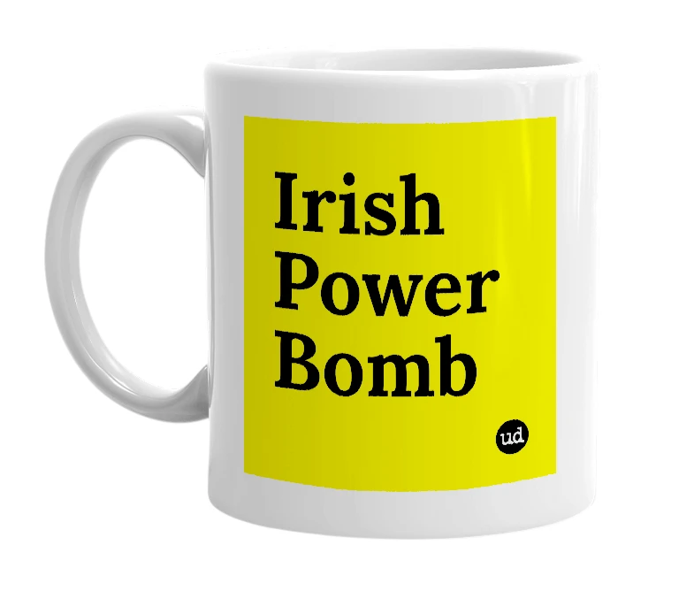 White mug with 'Irish Power Bomb' in bold black letters