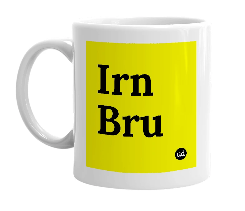 White mug with 'Irn Bru' in bold black letters