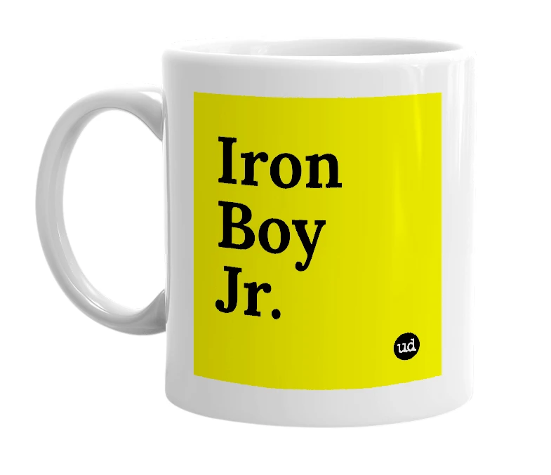 White mug with 'Iron Boy Jr.' in bold black letters