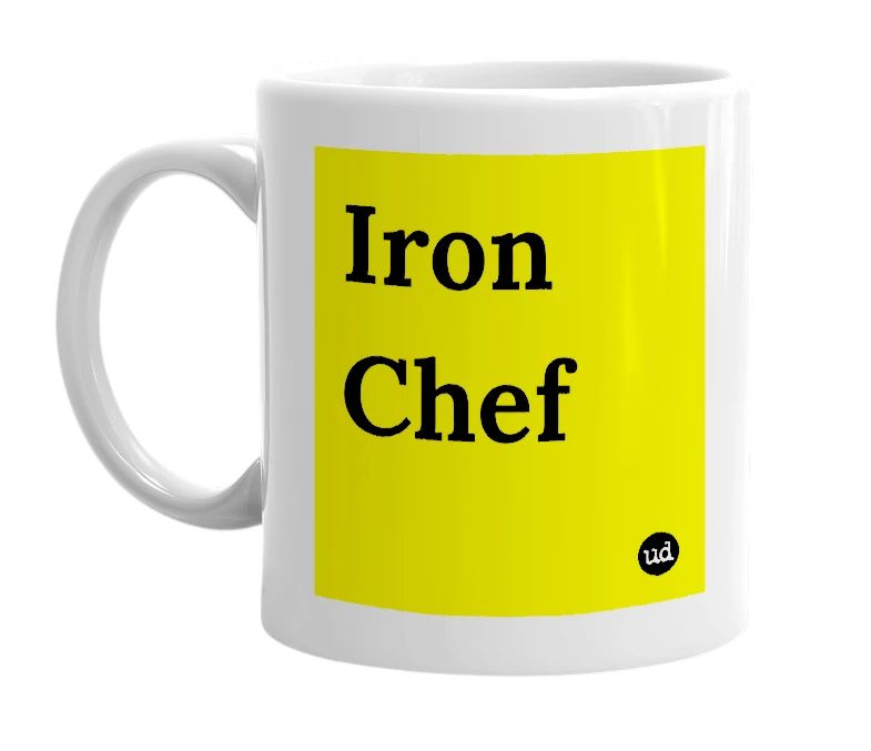 White mug with 'Iron Chef' in bold black letters