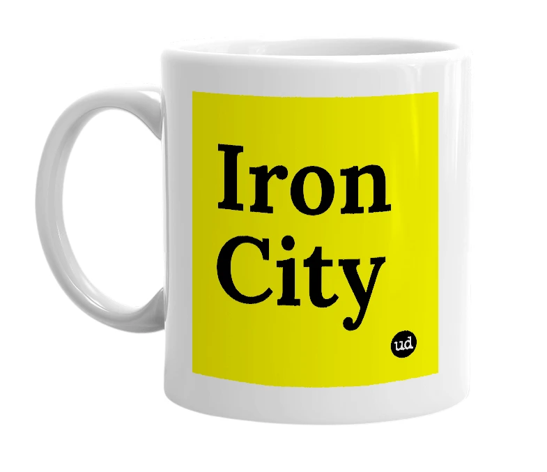 White mug with 'Iron City' in bold black letters