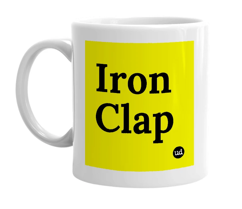 White mug with 'Iron Clap' in bold black letters