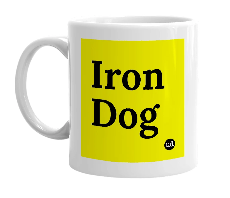 White mug with 'Iron Dog' in bold black letters