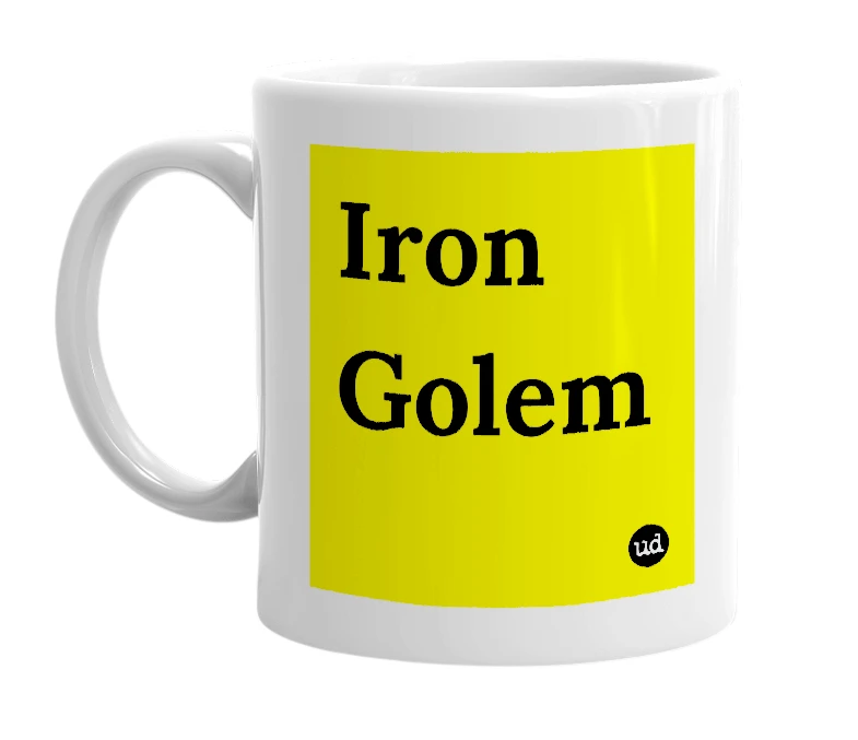 White mug with 'Iron Golem' in bold black letters