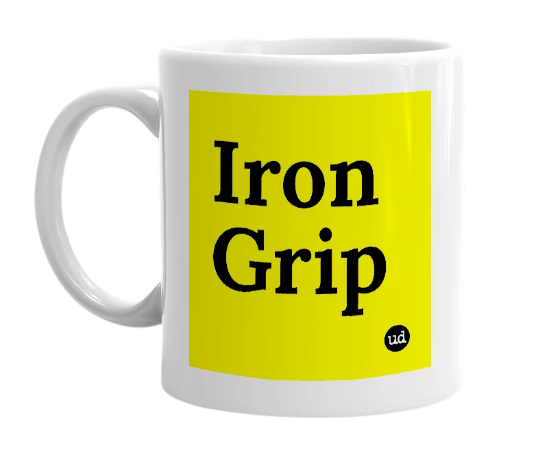 White mug with 'Iron Grip' in bold black letters