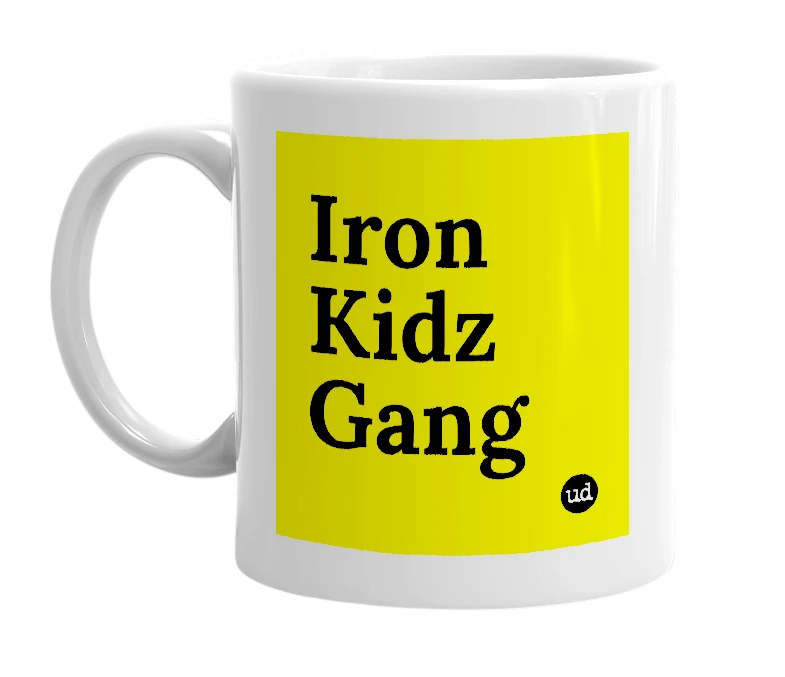 White mug with 'Iron Kidz Gang' in bold black letters