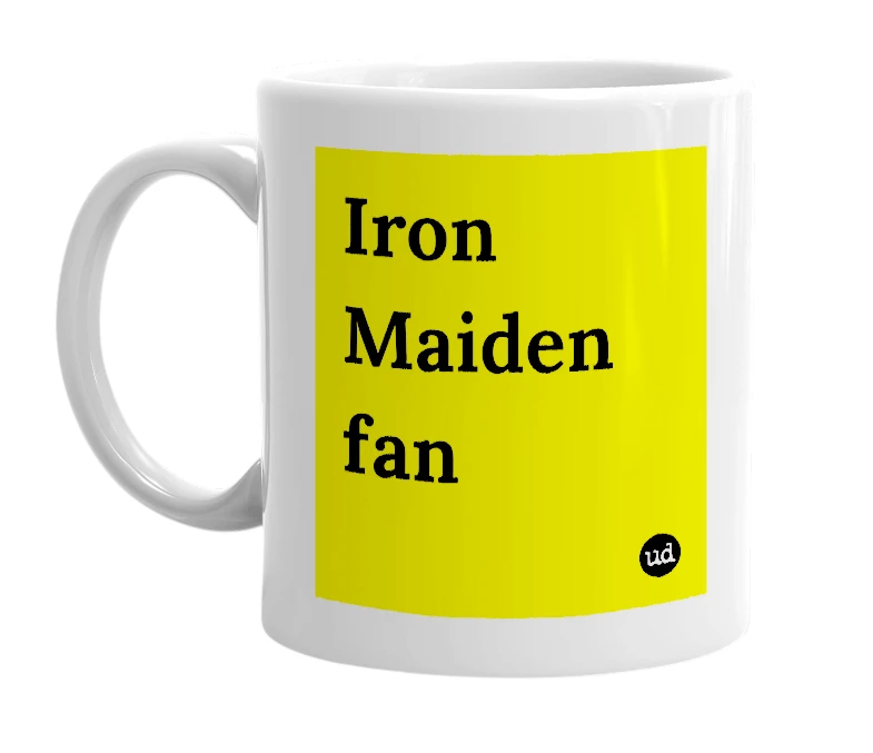 White mug with 'Iron Maiden fan' in bold black letters