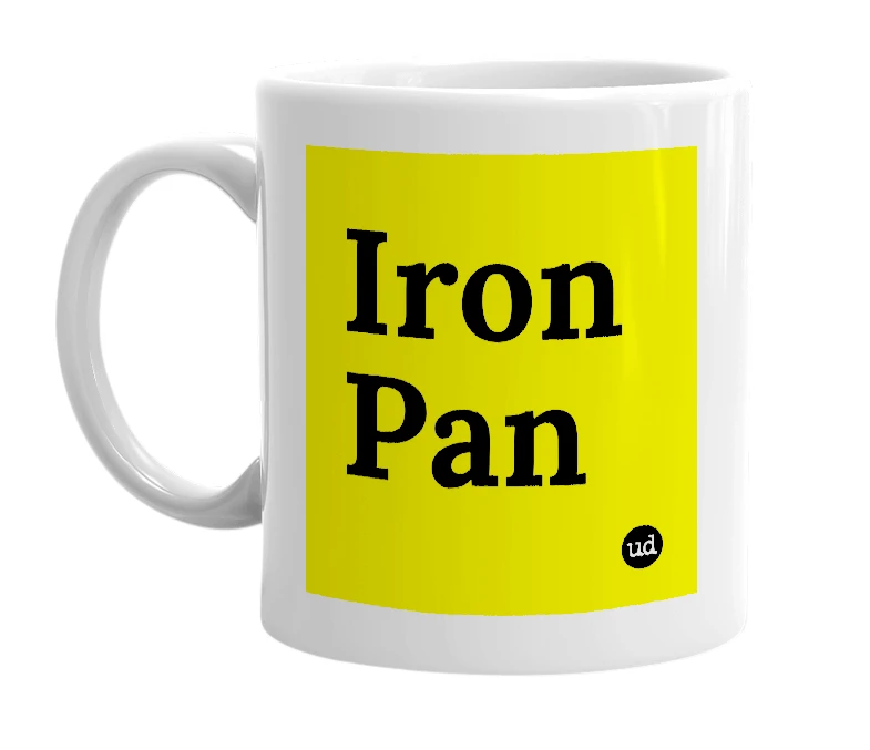 White mug with 'Iron Pan' in bold black letters