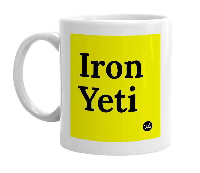 White mug with 'Iron Yeti' in bold black letters