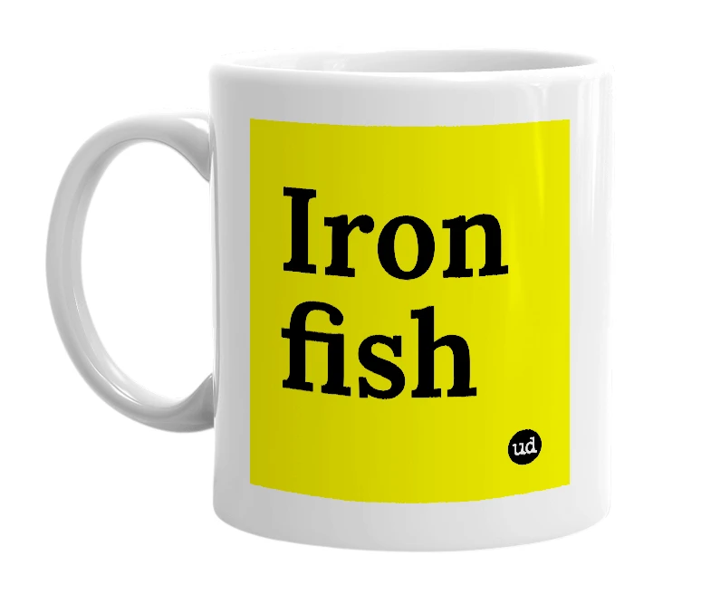 White mug with 'Iron fish' in bold black letters