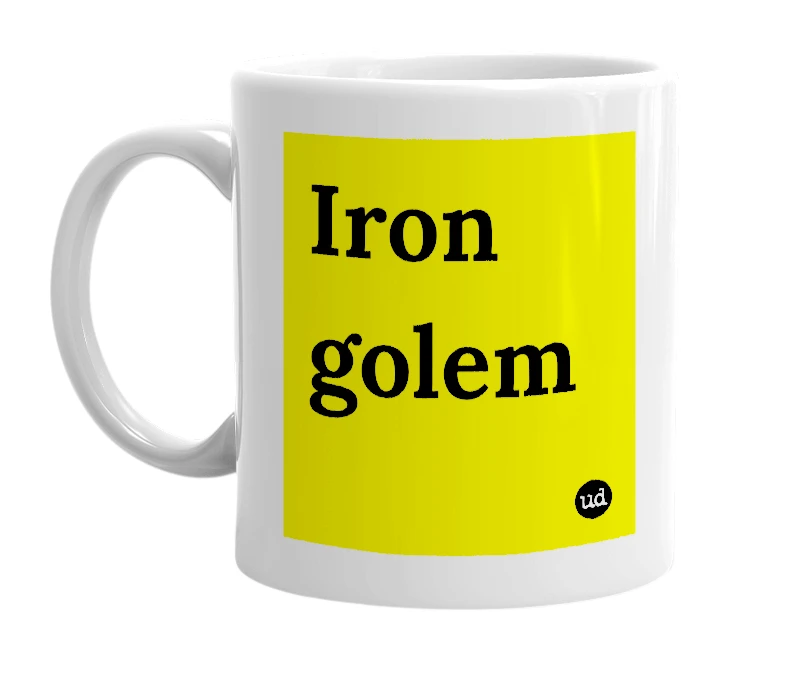 White mug with 'Iron golem' in bold black letters