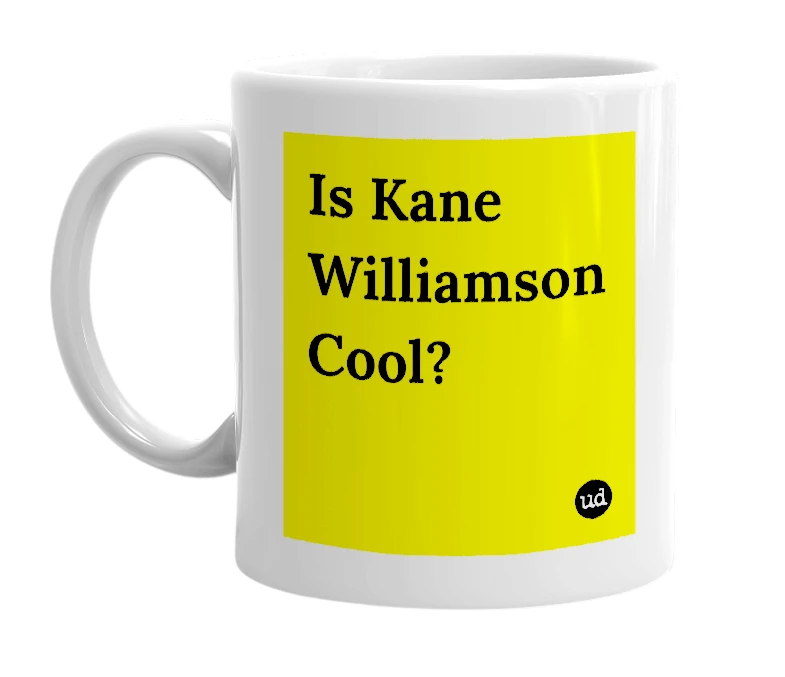 White mug with 'Is Kane Williamson Cool?' in bold black letters