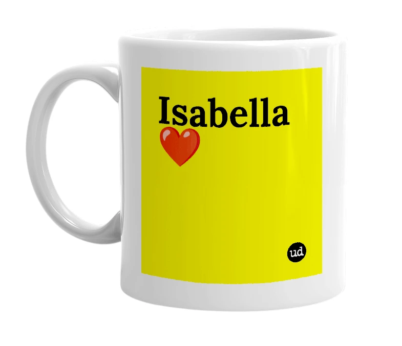 White mug with 'Isabella❤️' in bold black letters