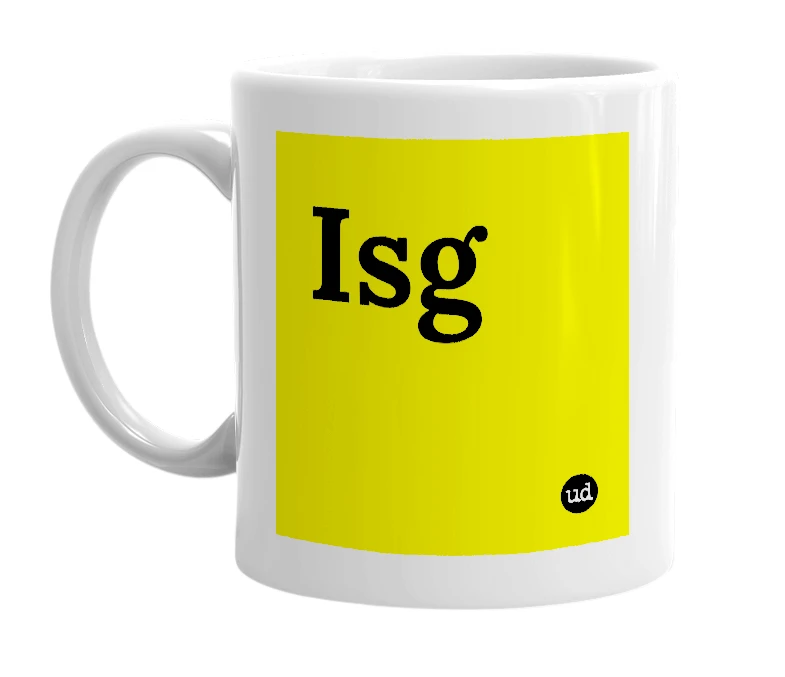 White mug with 'Isg' in bold black letters