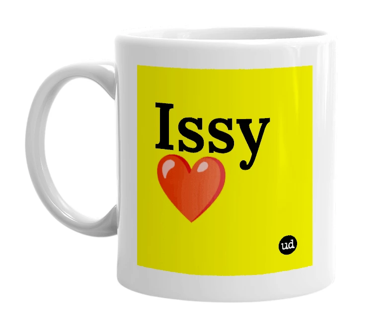 White mug with 'Issy ❤️' in bold black letters