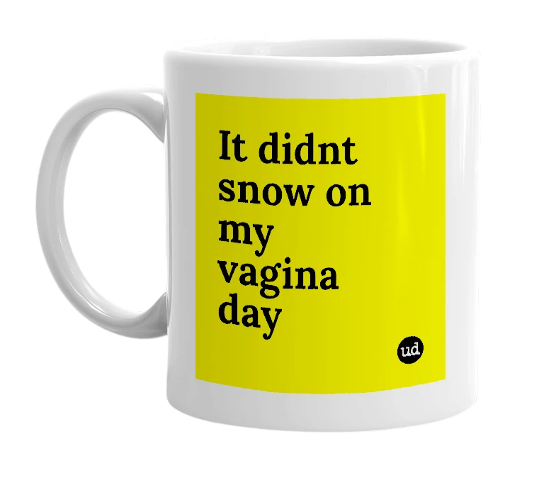White mug with 'It didnt snow on my vagina day' in bold black letters
