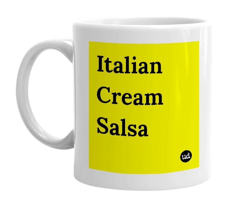 White mug with 'Italian Cream Salsa' in bold black letters