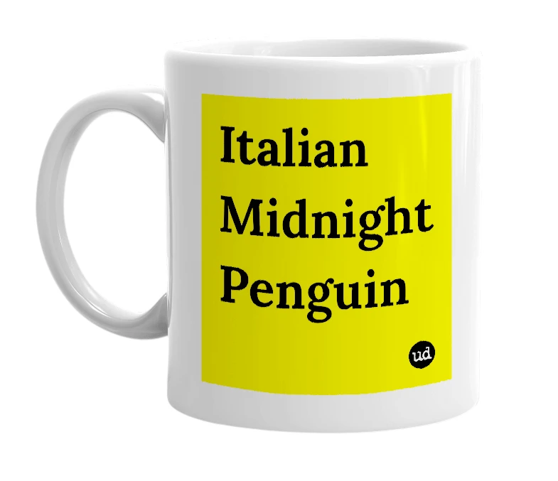 White mug with 'Italian Midnight Penguin' in bold black letters