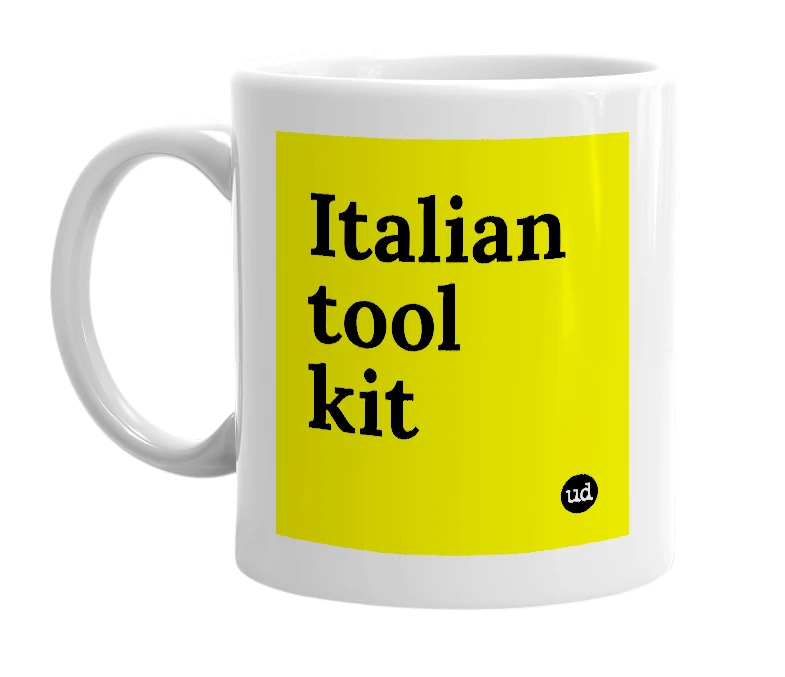 White mug with 'Italian tool kit' in bold black letters