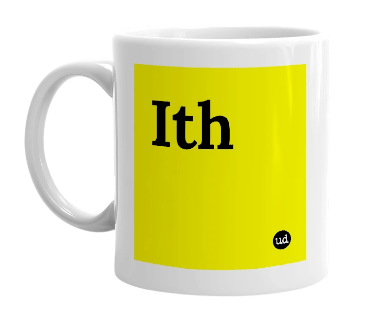 White mug with 'Ith' in bold black letters