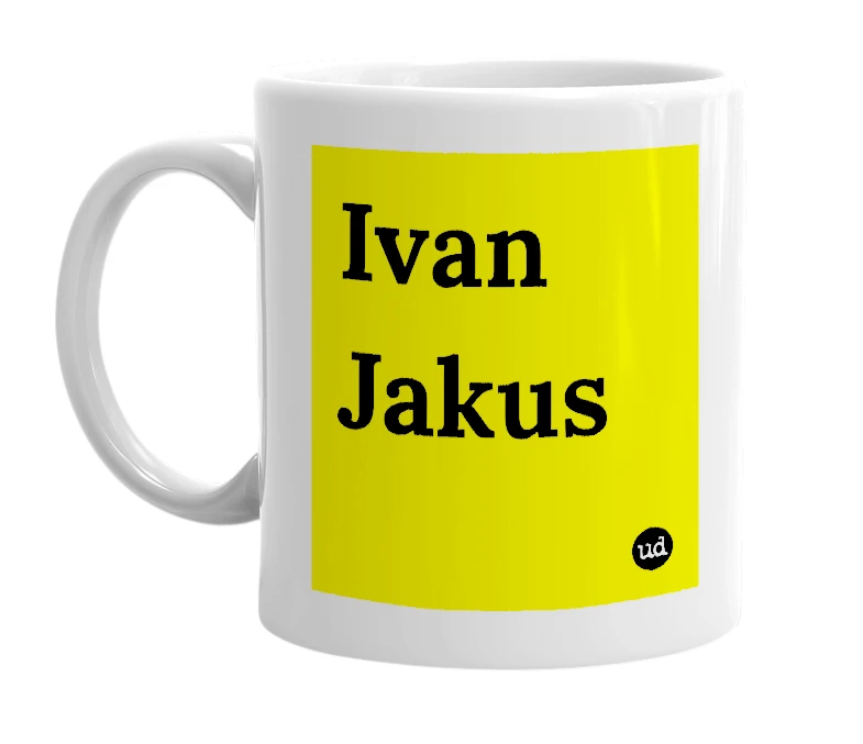 White mug with 'Ivan Jakus' in bold black letters