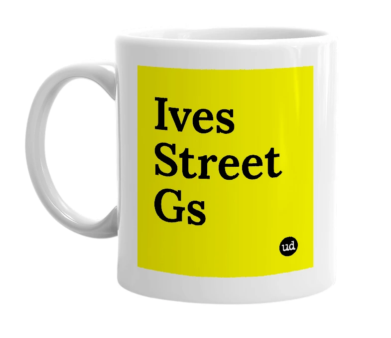 White mug with 'Ives Street Gs' in bold black letters