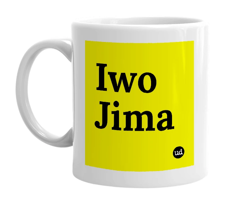 White mug with 'Iwo Jima' in bold black letters
