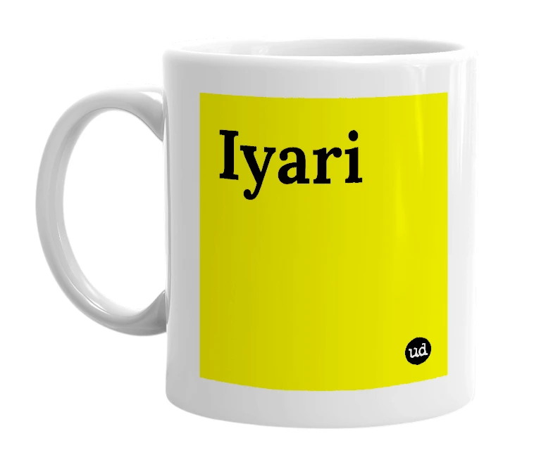 White mug with 'Iyari' in bold black letters