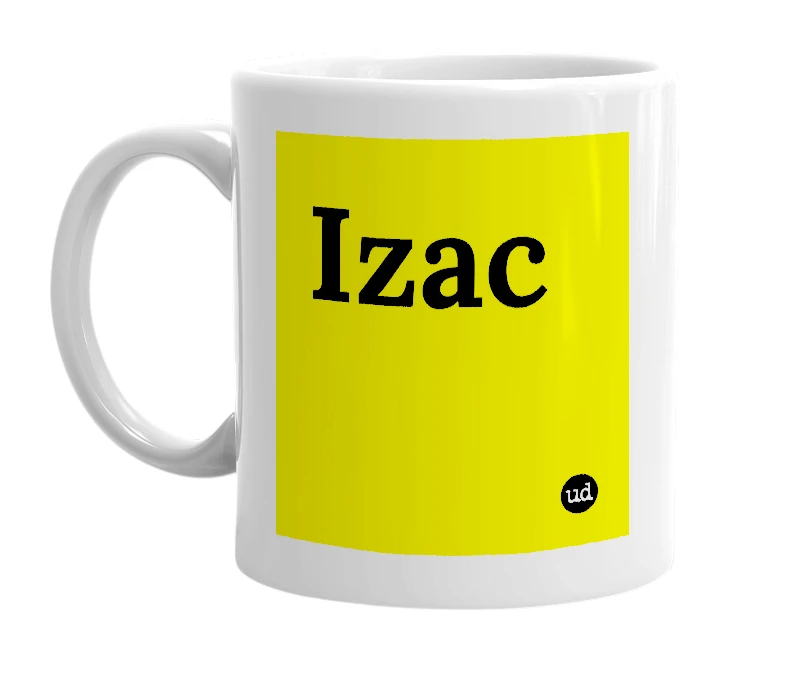 White mug with 'Izac' in bold black letters