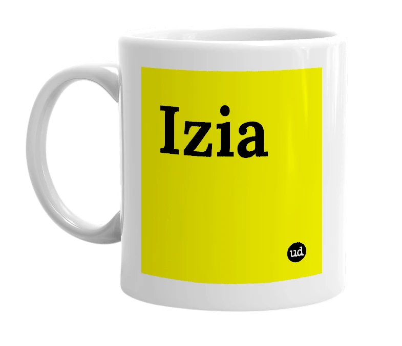 White mug with 'Izia' in bold black letters