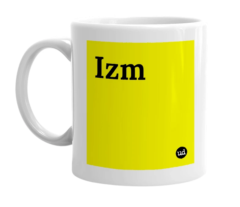 White mug with 'Izm' in bold black letters