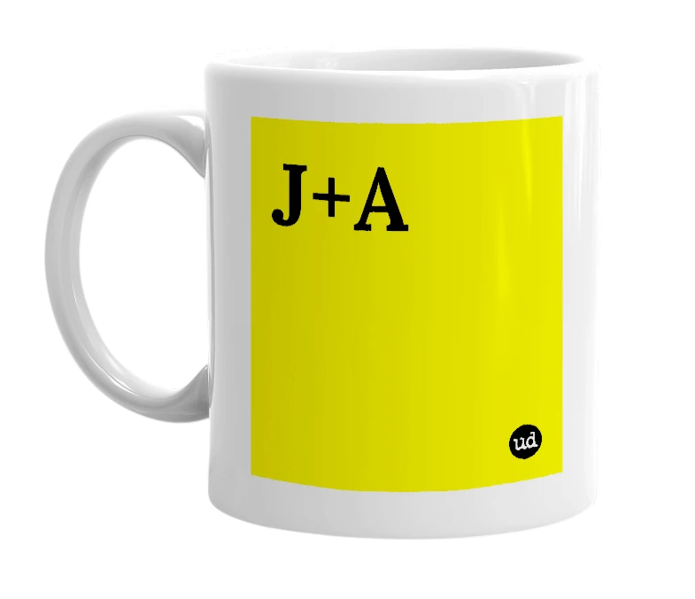 White mug with 'J+A' in bold black letters