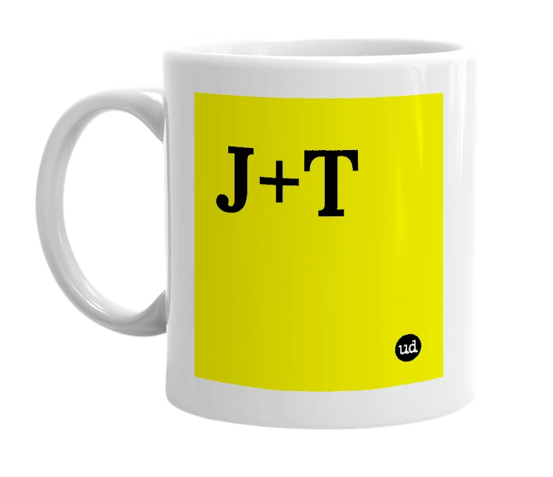 White mug with 'J+T' in bold black letters