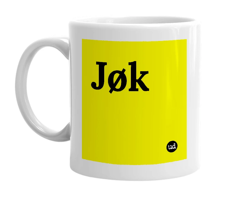 White mug with 'Jøk' in bold black letters