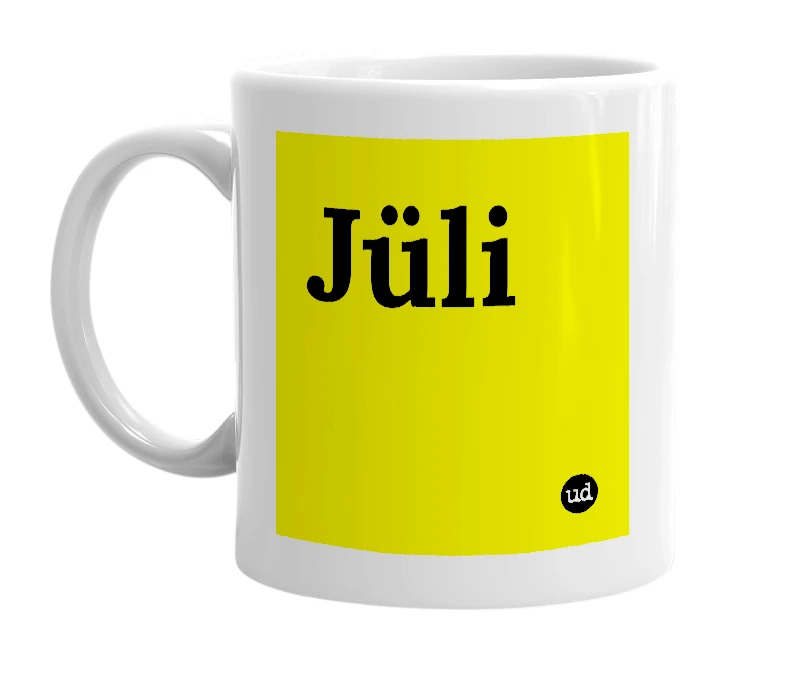 White mug with 'Jüli' in bold black letters
