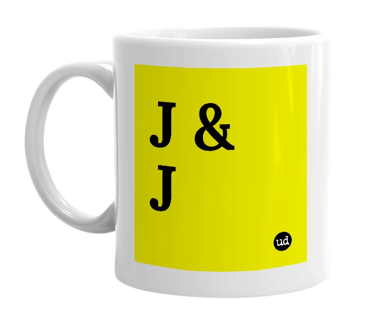 White mug with 'J & J' in bold black letters