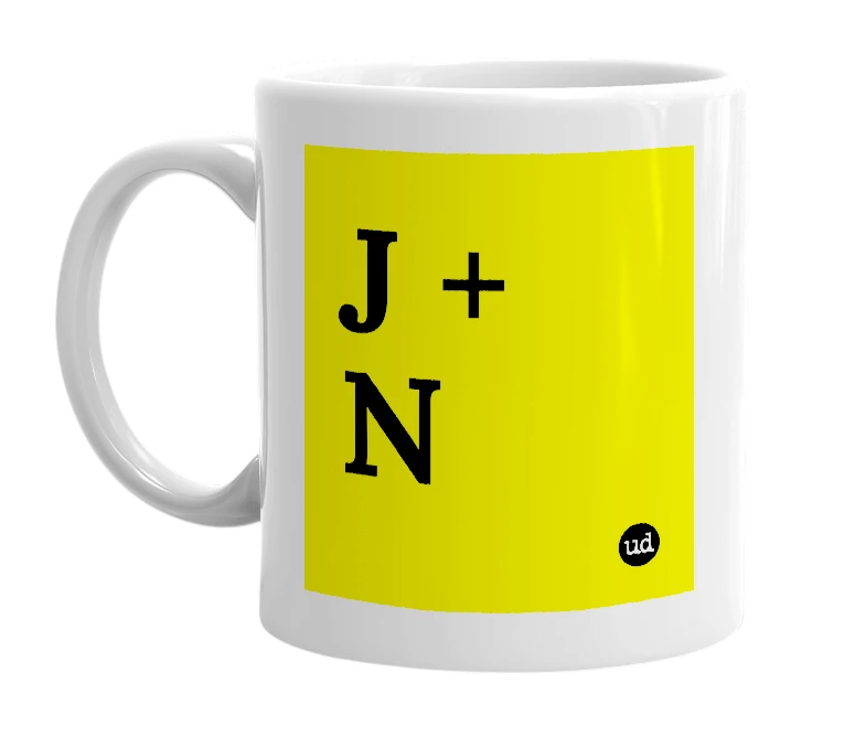 White mug with 'J + N' in bold black letters