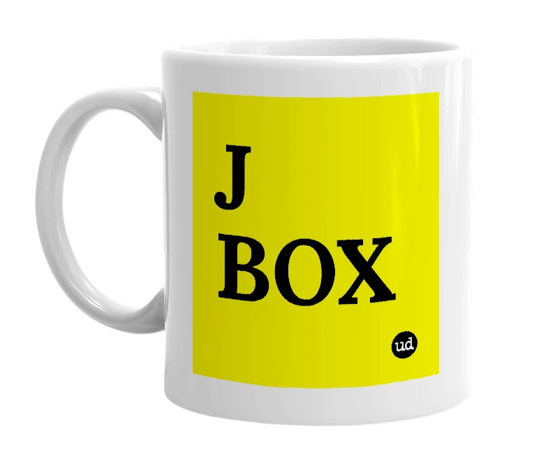 White mug with 'J BOX' in bold black letters