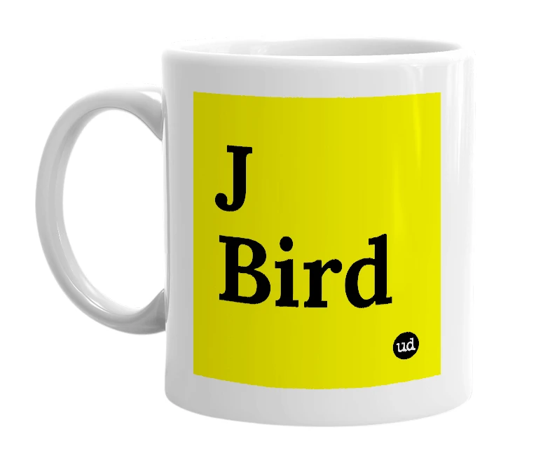 White mug with 'J Bird' in bold black letters