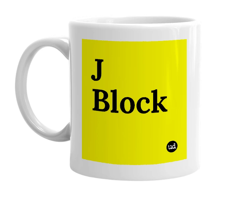 White mug with 'J Block' in bold black letters