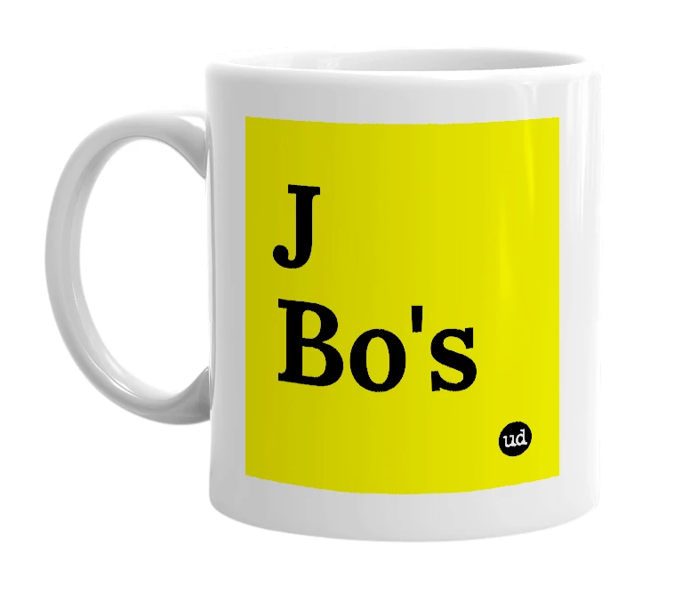 White mug with 'J Bo's' in bold black letters