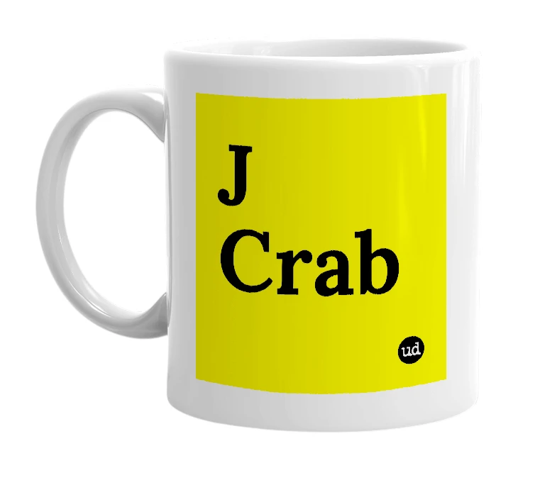 White mug with 'J Crab' in bold black letters