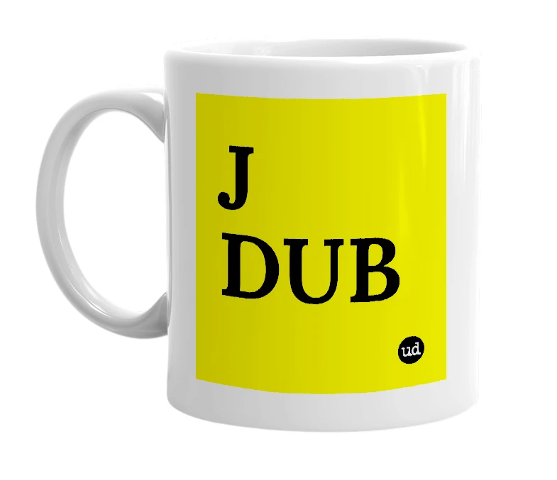 White mug with 'J DUB' in bold black letters