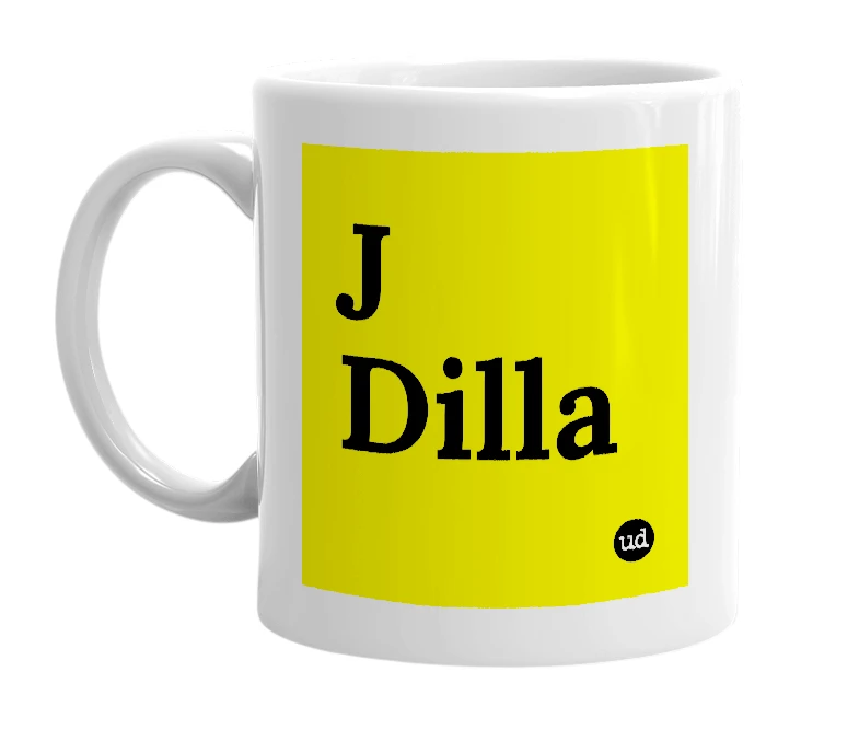 White mug with 'J Dilla' in bold black letters