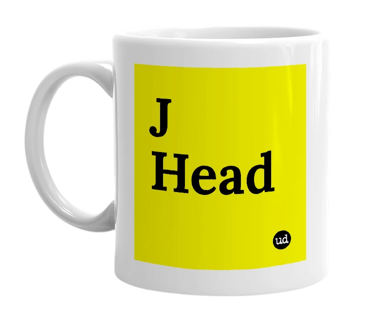 White mug with 'J Head' in bold black letters