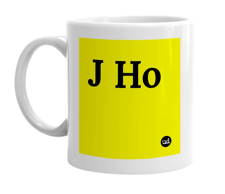 White mug with 'J Ho' in bold black letters