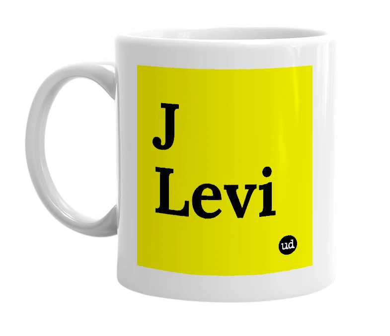 White mug with 'J Levi' in bold black letters